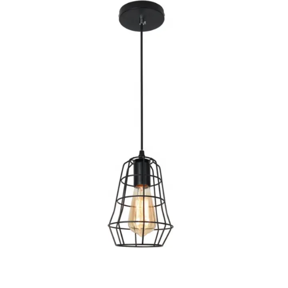 Adjustable black iron cage pendant light with E27 socket for industrial and vintage lighting.