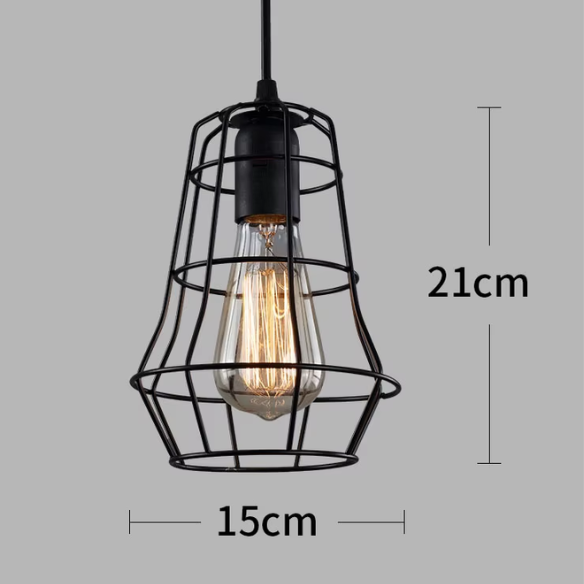 Adjustable black iron cage pendant light with E27 socket for industrial and vintage lighting.