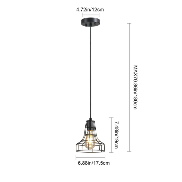 Adjustable black metal farmhouse pendant light with cage shade, E27 base, for industrial and rustic lighting.