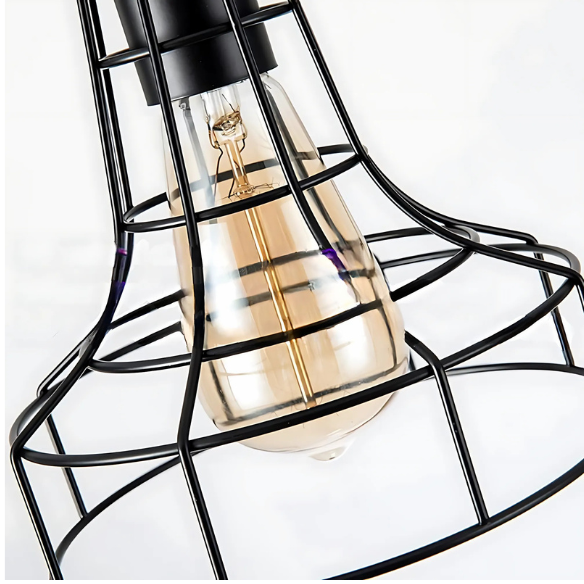 Adjustable black metal farmhouse pendant light with cage shade, E27 base, for industrial and rustic lighting.