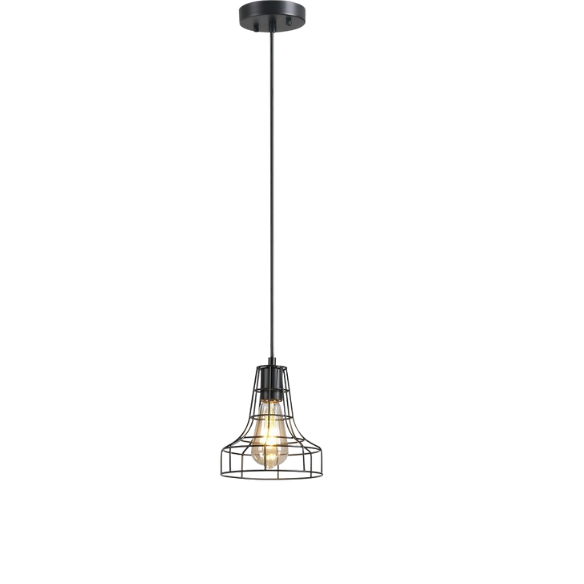 Adjustable black metal farmhouse pendant light with cage shade, E27 base, for industrial and rustic lighting.