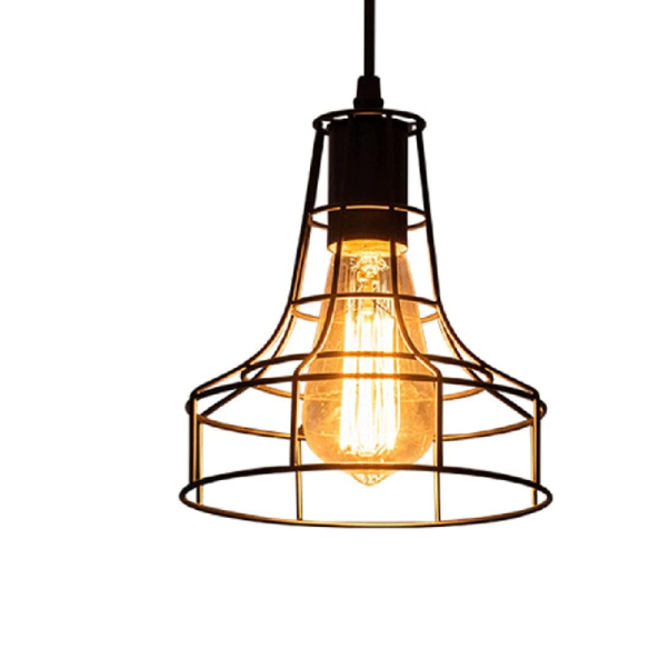 Adjustable black metal farmhouse pendant light with cage shade, E27 base, for industrial and rustic lighting.