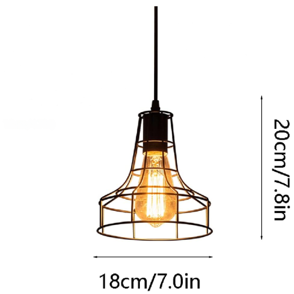 Adjustable black metal farmhouse pendant light with cage shade, E27 base, for industrial and rustic lighting.