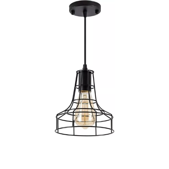 Adjustable black metal farmhouse pendant light with cage shade, E27 base, for industrial and rustic lighting.