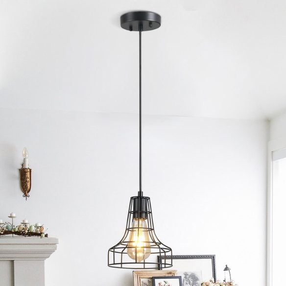 Adjustable black metal farmhouse pendant light with cage shade, E27 base, for industrial and rustic lighting.