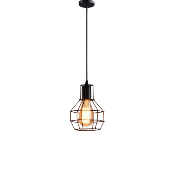Adjustable black metal retro pendant light with geometric cage shade for modern home decor.
