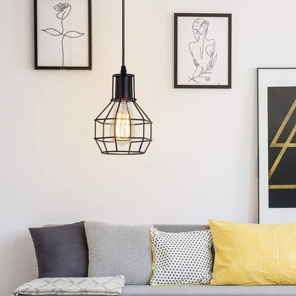 Adjustable black metal retro pendant light with geometric cage shade for modern home decor.