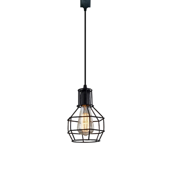 Adjustable black metal retro pendant light with geometric cage shade for modern home decor.