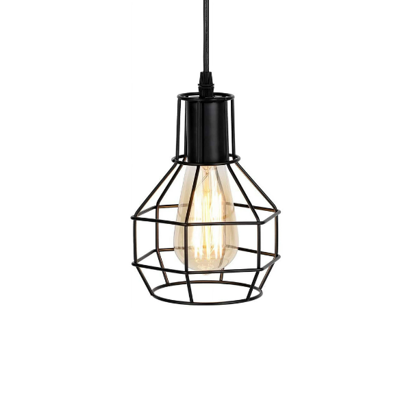 Adjustable black metal retro pendant light with geometric cage shade for modern home decor.
