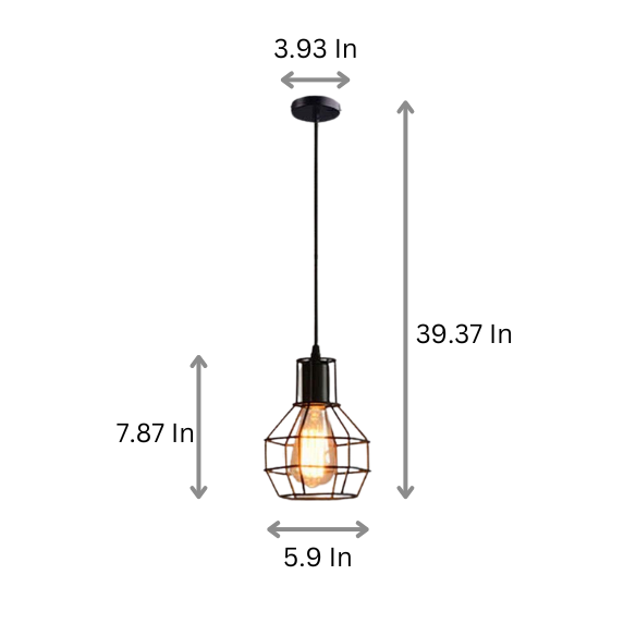 Adjustable black metal retro pendant light with geometric cage shade for modern home decor.