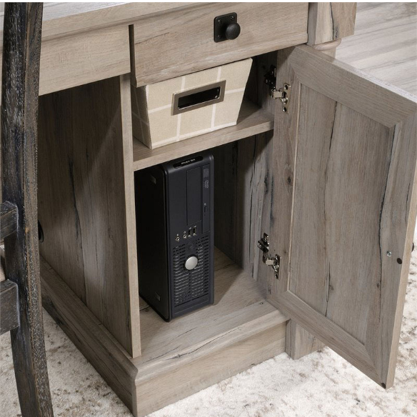 Adjustable L-Shaped Office Desk with File Drawer and Split Oak Finish