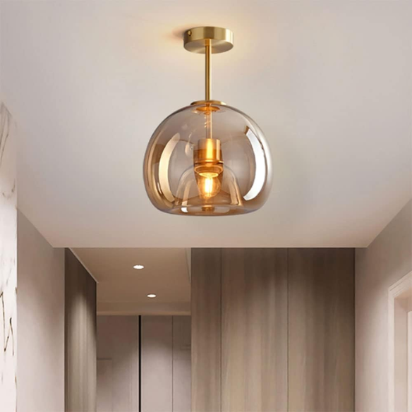 Amber Brass Glass Ceiling Light – Mid-Century Modern Pendant Fixture for Living Room, Kitchen, Office