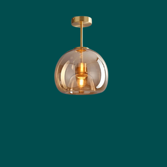 Amber Brass Glass Ceiling Light – Mid-Century Modern Pendant Fixture for Living Room, Kitchen, Office