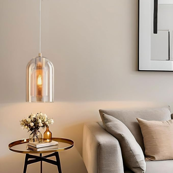 Amber Brass Pendant Light – Modern Adjustable Ceiling Light with Amber Glass Shade for Home Decoration