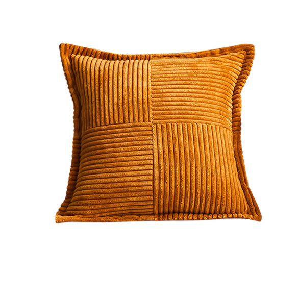 Amber corduroy throw pillow cover, modern geometric striped design, soft and eco-friendly, ideal for living rooms, bedrooms, offices, and outdoor spaces.