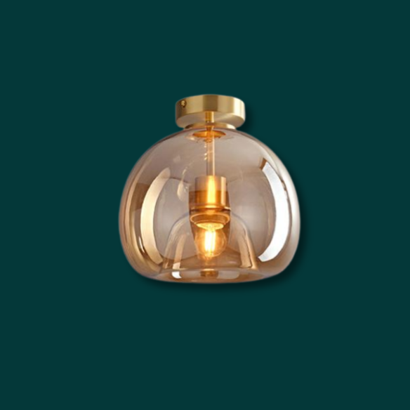 Amber Glass Ceiling Light with Brass Base, Modern Mid-Century Flush Mount Fixture for Living Room and Kitchen