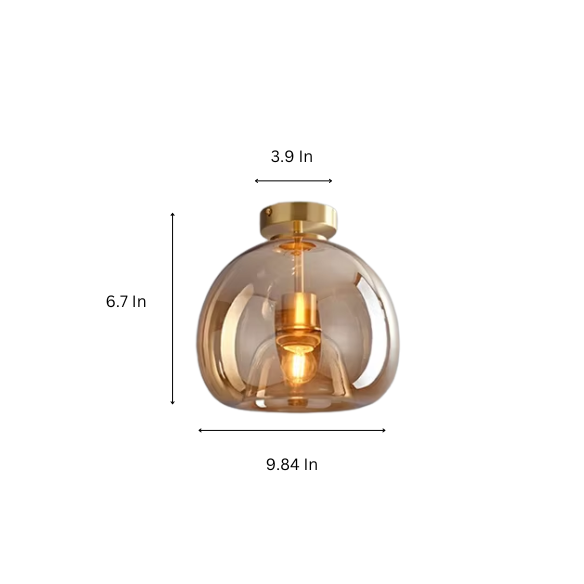 Amber Glass Ceiling Light with Brass Base, Modern Mid-Century Flush Mount Fixture for Living Room and Kitchen