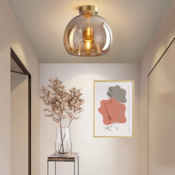 Amber Glass Ceiling Light with Brass Base, Modern Mid-Century Flush Mount Fixture for Living Room and Kitchen