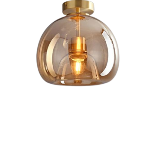 Amber Glass Ceiling Light with Brass Base, Modern Mid-Century Flush Mount Fixture for Living Room and Kitchen