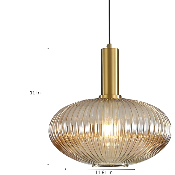 Modern amber glass pendant light with black metal frame and gold accent finishes – industrial chandelier design for dining room, kitchen, or living room.