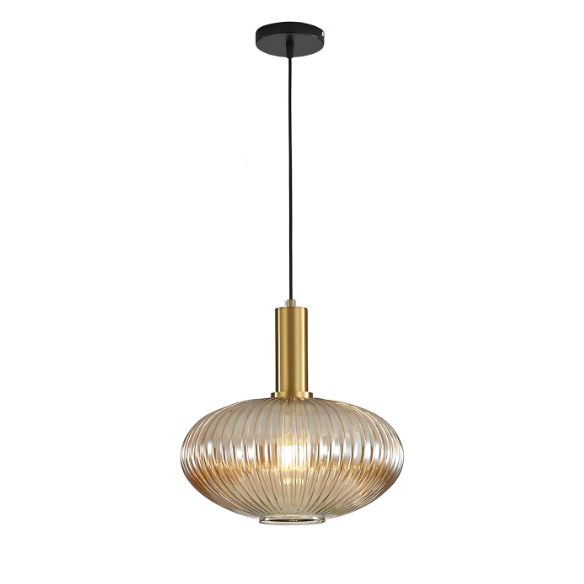 Modern amber glass pendant light with black metal frame and gold accent finishes – industrial chandelier design for dining room, kitchen, or living room.