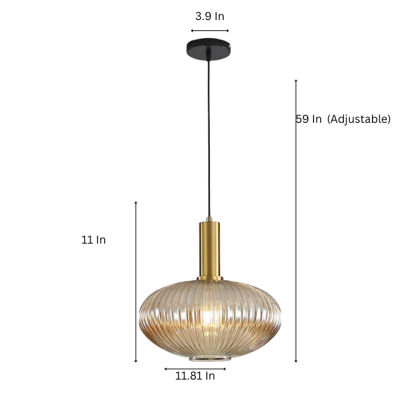 Modern amber glass pendant light with black metal frame and gold accent finishes – industrial chandelier design for dining room, kitchen, or living room.