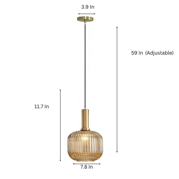 Amber glass pendant light with gold accent finishes, modern ceiling fixture for kitchen island, dining room, and bedroom.