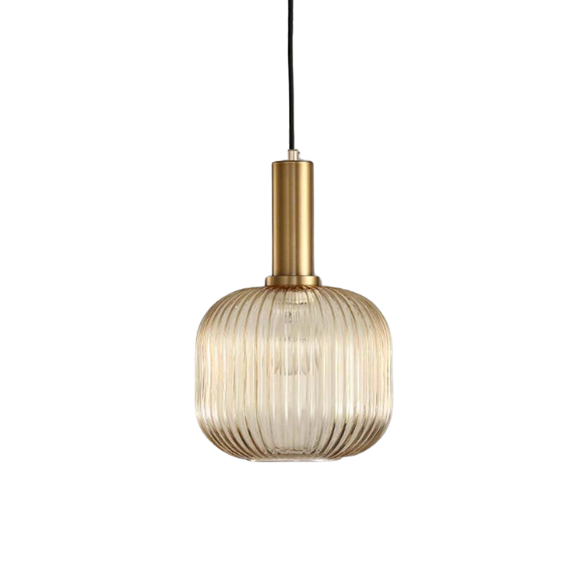 Amber glass pendant light with gold accent finishes, modern ceiling fixture for kitchen island, dining room, and bedroom.