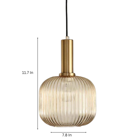 Amber glass pendant light with gold accent finishes, modern ceiling fixture for kitchen island, dining room, and bedroom.