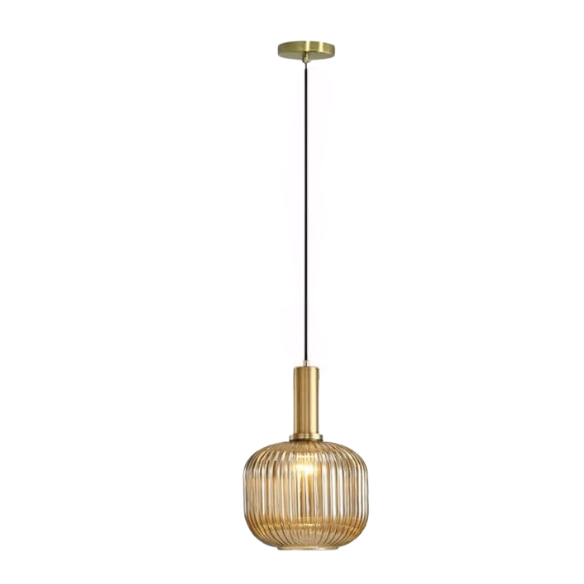 Amber glass pendant light with gold accent finishes, modern ceiling fixture for kitchen island, dining room, and bedroom.