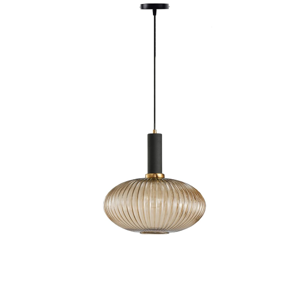 Modern amber pendant light with striped glass shade and black metal body, adjustable height chandelier for dining room, living room, and kitchen.