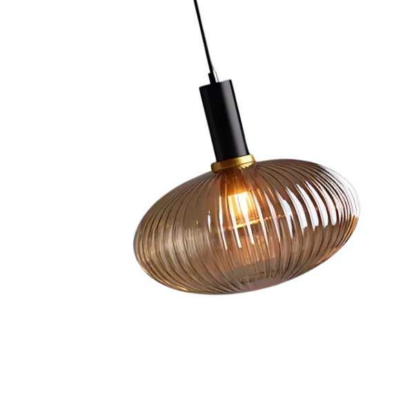 Modern amber pendant light with striped glass shade and black metal body, adjustable height chandelier for dining room, living room, and kitchen.