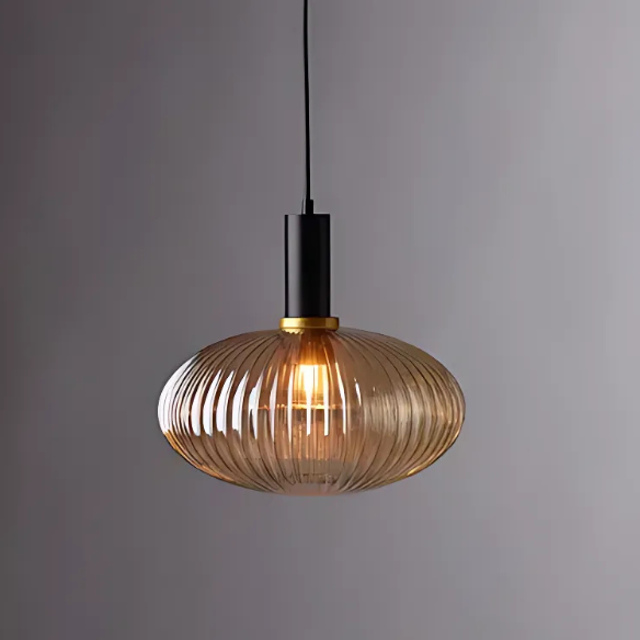 Modern amber pendant light with striped glass shade and black metal body, adjustable height chandelier for dining room, living room, and kitchen.