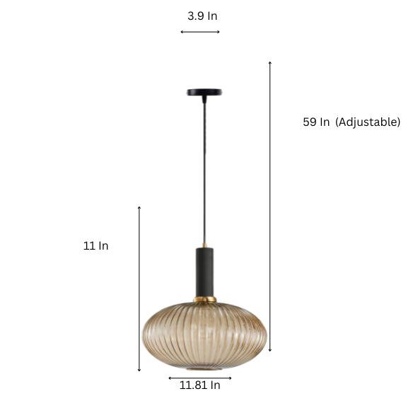 Modern amber pendant light with striped glass shade and black metal body, adjustable height chandelier for dining room, living room, and kitchen.