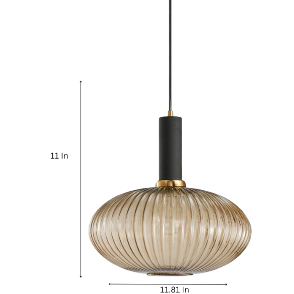 Modern amber pendant light with striped glass shade and black metal body, adjustable height chandelier for dining room, living room, and kitchen.