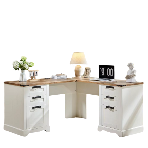 Antique White Farmhouse L-Shaped Executive Desk with Storage and Charging Station