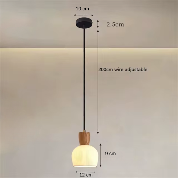 Ash wood pendant light with white ceramic shade for modern kitchen and living room decor.
