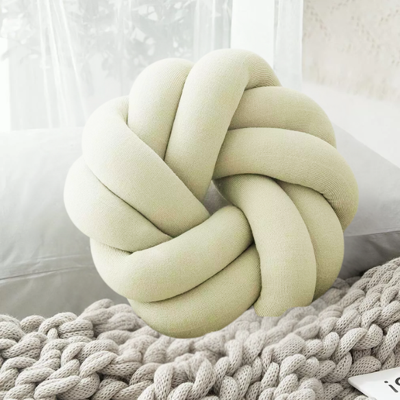 Avocado green handmade cotton knot throw pillow, round design, 30 cm diameter – soft plush decorative cushion for sofa, bed, chair, or car