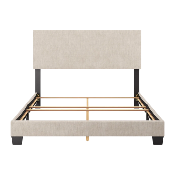 Beige polyester upholstered queen panel bed with rectangular padded headboard and wood frame, box spring required