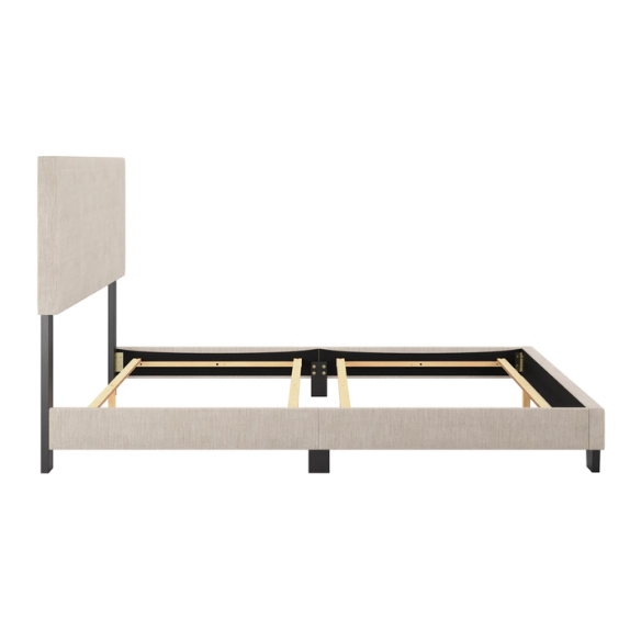 Beige polyester upholstered queen panel bed with rectangular padded headboard and wood frame, box spring required