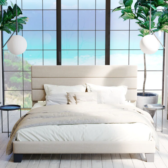 Beige upholstered queen platform bed with tufted headboard and no-box-spring slatted base