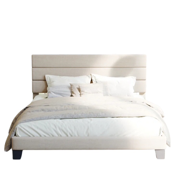 Beige upholstered queen platform bed with tufted headboard and no-box-spring slatted base