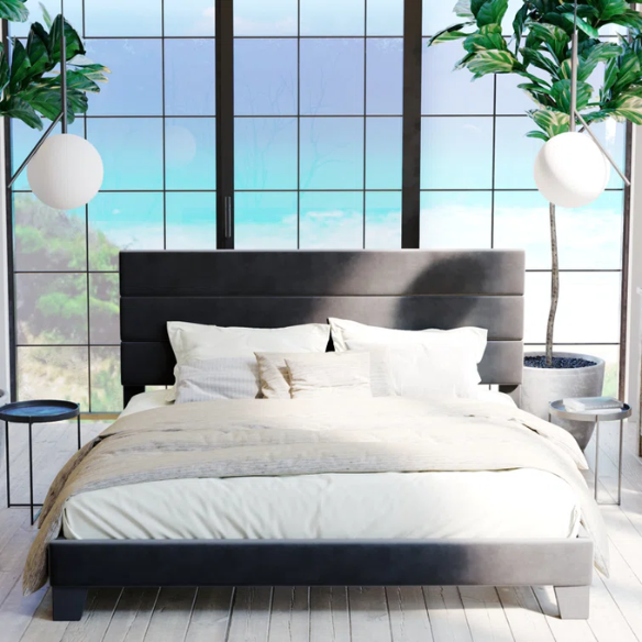 Black velvet upholstered queen platform bed with tufted headboard and slatted base, no box spring required