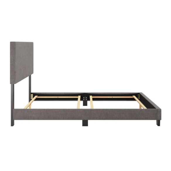 Grey polyester upholstered queen panel bed with tall foam-padded rectangular headboard and wood frame, box spring required