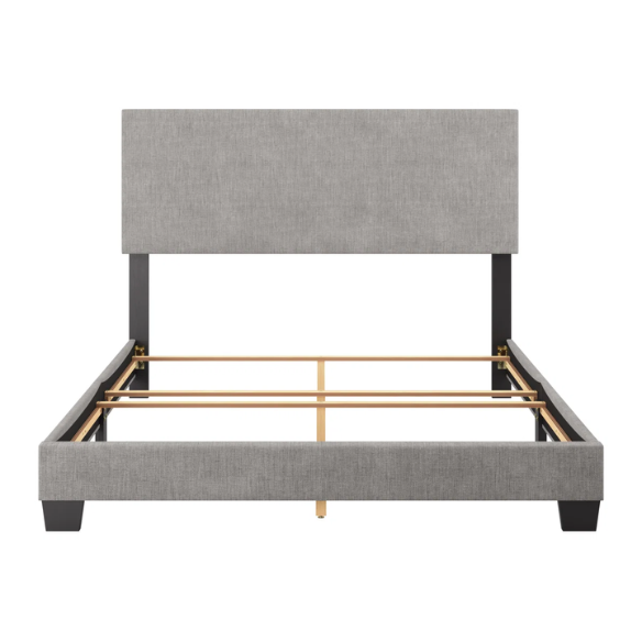 Light grey polyester upholstered queen panel bed with foam-padded headboard and wood frame, box spring required