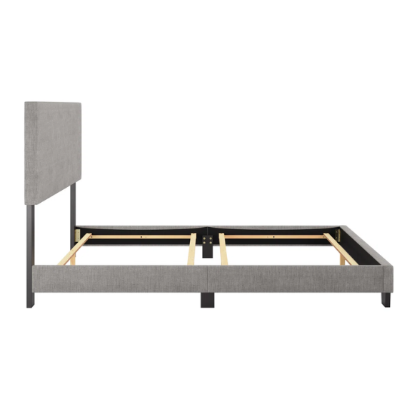 Light grey polyester upholstered queen panel bed with foam-padded headboard and wood frame, box spring required