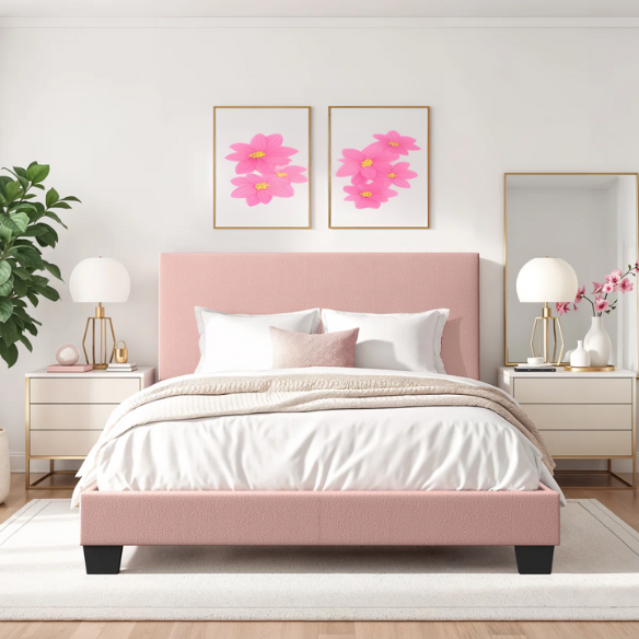 Pink bouclé upholstered queen panel bed with tall foam-padded rectangular headboard and wood frame, box spring required