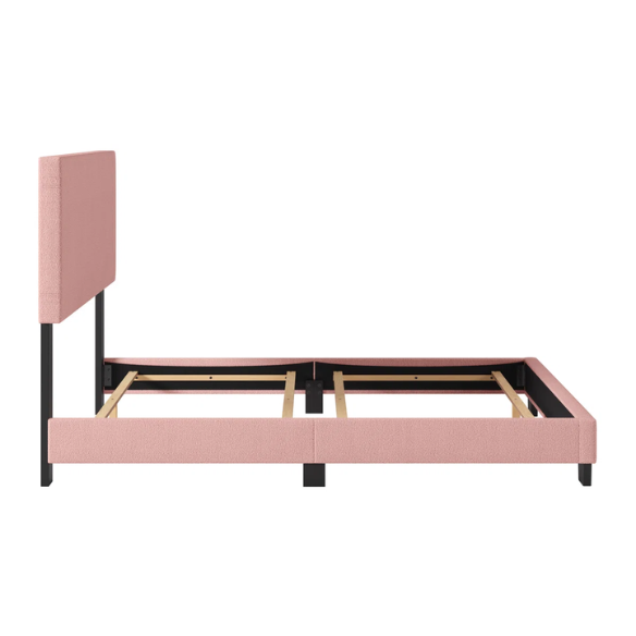 Pink bouclé upholstered queen panel bed with tall foam-padded rectangular headboard and wood frame, box spring required