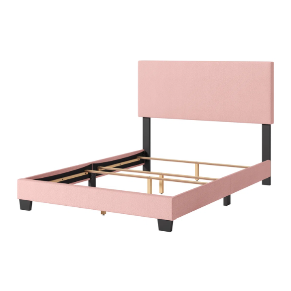 Pink bouclé upholstered queen panel bed with tall foam-padded rectangular headboard and wood frame, box spring required