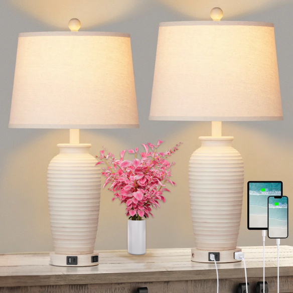 Set of two beige clay pot-style table lamps with white drum fabric shades, featuring touch control dimming, USB, Type-C, and AC charging ports